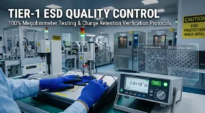 Quality engineer performing 100 percent megohmmeter surface resistance qc test on ST-610 antistatic gloves in an electronics cleanroom