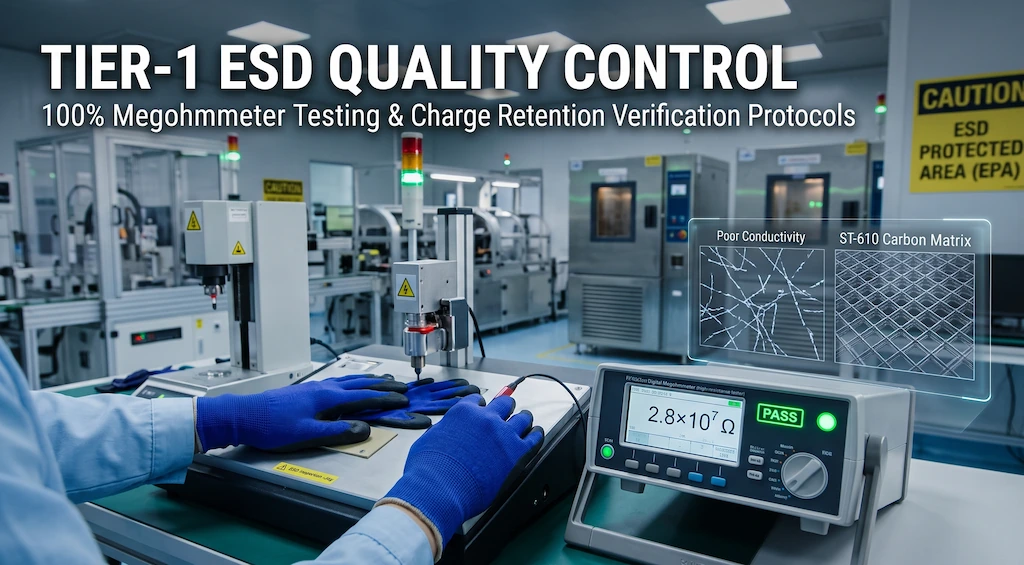 Quality engineer performing 100 percent megohmmeter surface resistance qc test on ST-610 antistatic gloves in an electronics cleanroom