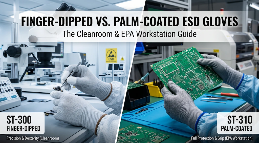 ST-300 finger-dipped vs ST-310 palm-coated antistatic PU gloves comparison for cleanroom and PCB assembly