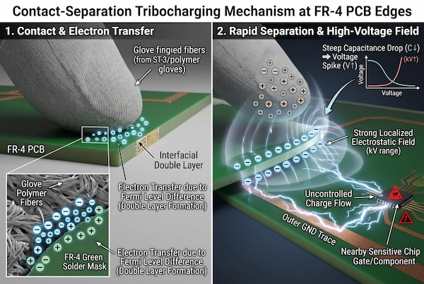 Scientific diagram illustrating triboelectric contact-separation charging and electron transfer on FR-4 epoxy PCB solder mask edges during manual handling