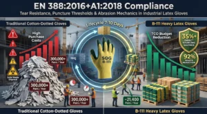 Comprehensive TCO financial model comparing single-shift cotton dotted gloves against 10-gauge heavy crinkle latex work gloves for 500-worker construction project