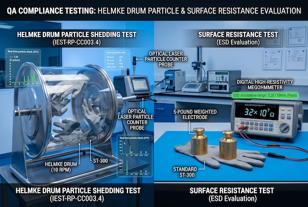 IEST-RP-CC003.4 Helmke drum dynamic particle testing at 10 RPM and ANSI ESD STM11.11 resistance meter inspection