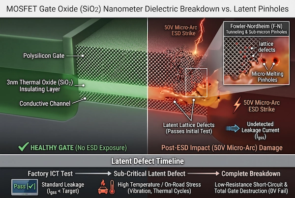 Semiconductor cross-section diagram showing 50V ESD micro-arc causing latent pinhole dielectric breakdown in nanometer SiO2 gate oxide layer of a MOSFET