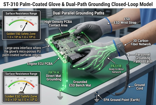 Technical schematic of ST-310 palm-coated ESD glove forming a dual-path grounding loop with ESD bench mat for controlled static dissipation