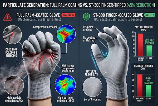 Finite element analysis comparing compressive crease cracking in palm-coated gloves vs 45 percent particle reduction in finger-coated gloves