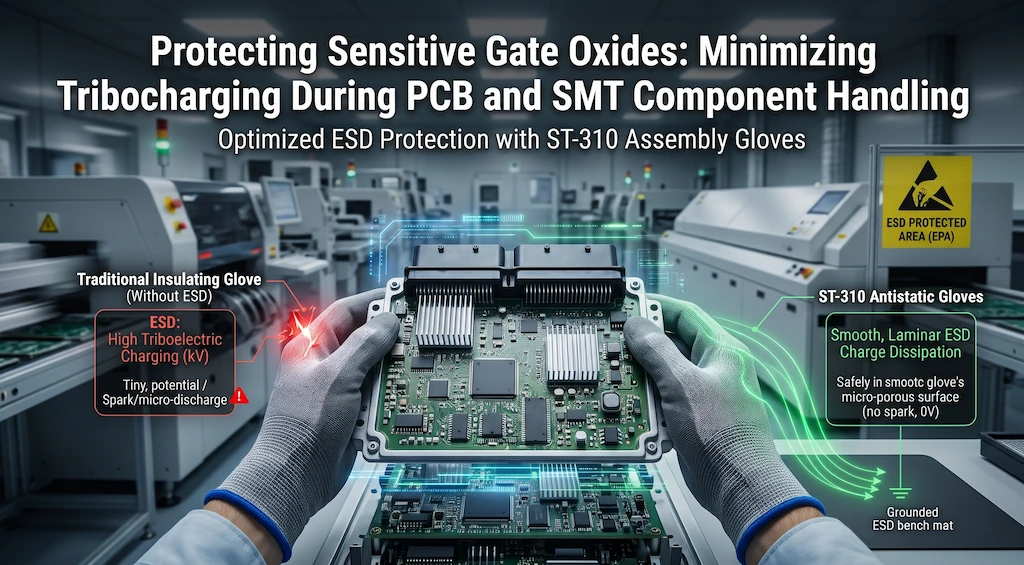 Assembly technician wearing ST-310 pcb assembly antistatic work gloves securely holding an automotive ECU board on an SMT production line