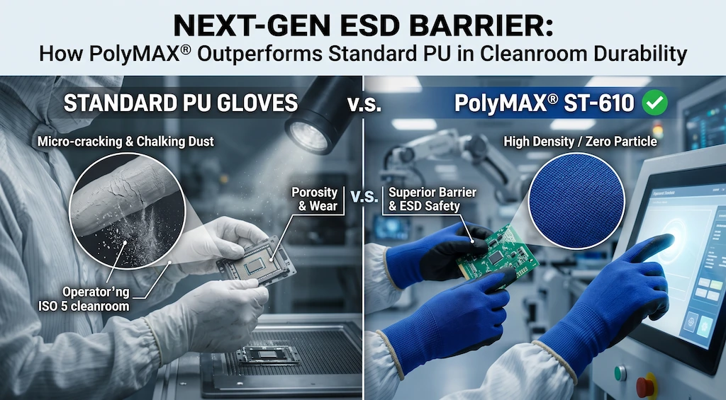 PolyMAX ESD coating vs standard PU cleanroom glove performance comparison showing chalking resistance and touchscreen compatibility