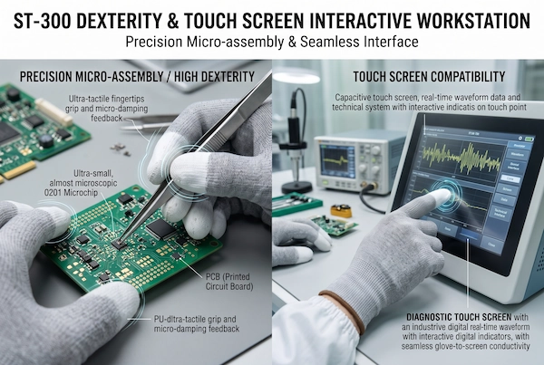 Operator using ST-300 ESD glove handling precision vacuum tweezers for 0201 component assembly while operating capacitive touchscreen
