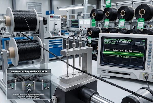 Four-probe micro-resistance testing fixture scanning continuous conductive carbon filament yarn spools with plus-minus 5 percent tolerance