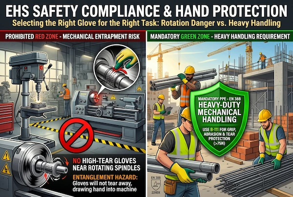 EHS occupational safety infographic contrasting prohibited rotating spindle zone against mandatory heavy construction handling zone for Level 4 tear gloves