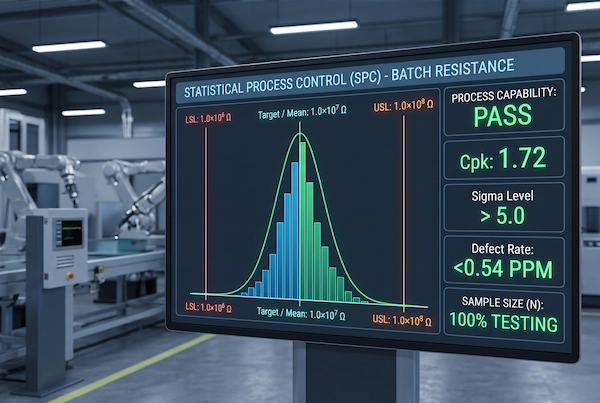 Statistical process control chart displaying steep Gaussian normal distribution of ESD glove surface resistance with Cpk exceeding 1.67