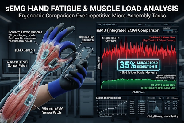 Ergonomic surface electromyography (sEMG) chart demonstrating a 35% reduction in forearm flexor muscle strain when wearing 18-gauge ultra-thin ESD gloves